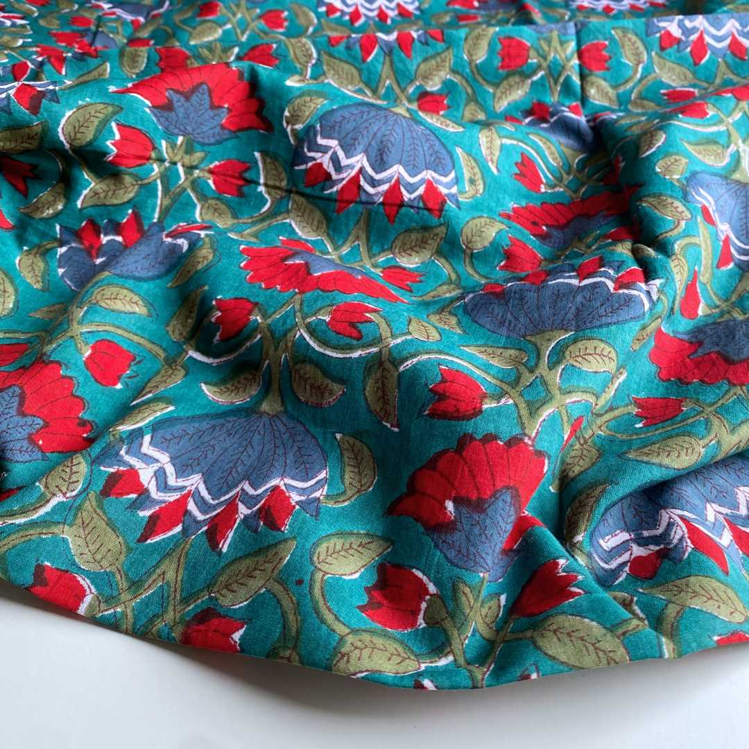 Block Print Cotton Voile Fabric - Emerald & Red Rose - Priced per 0.5 metre