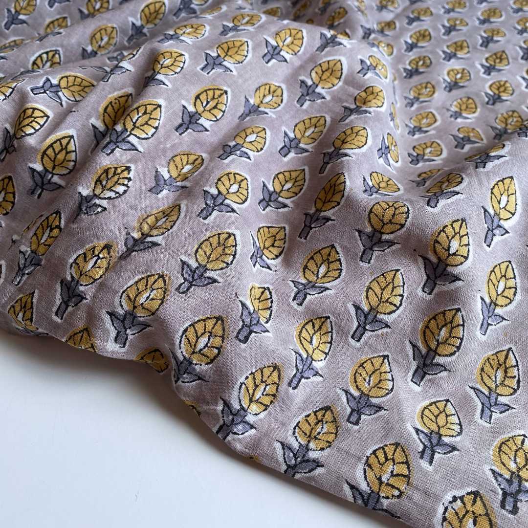 Block Print Cotton Voile Fabric - Pale Mauve & Ochre - Priced per 0.5 metre