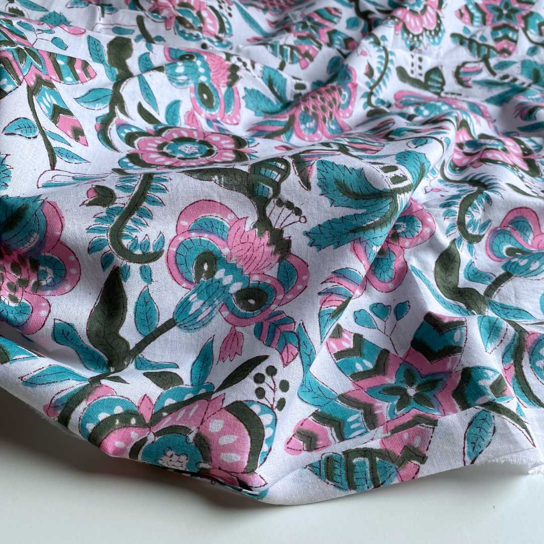 Block Print Cotton Voile Fabric - White & Turquoise - Priced per 0.5 metre