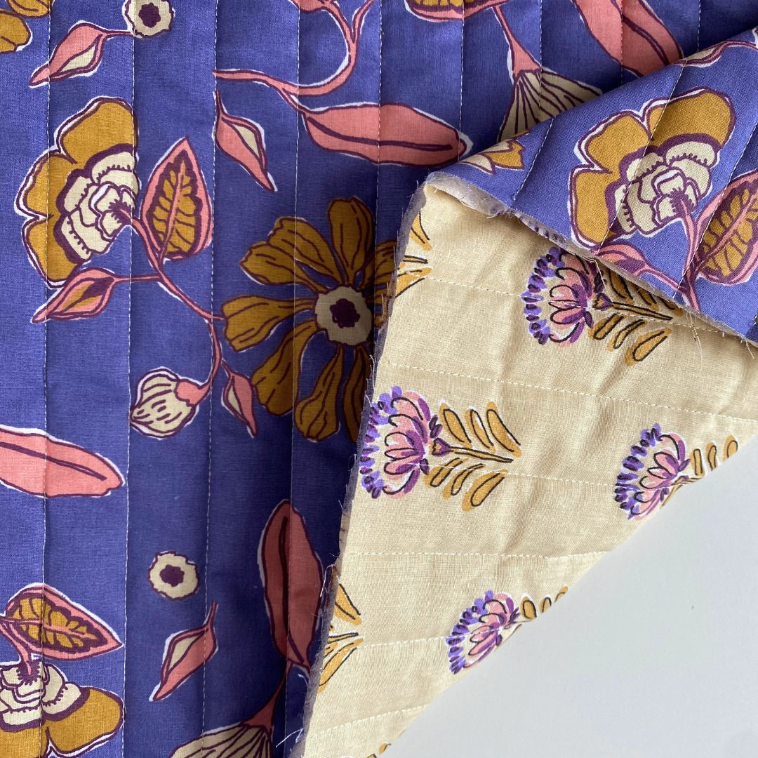 Quilted Reversible Cotton Fabric - Blue-Purple + Yellow