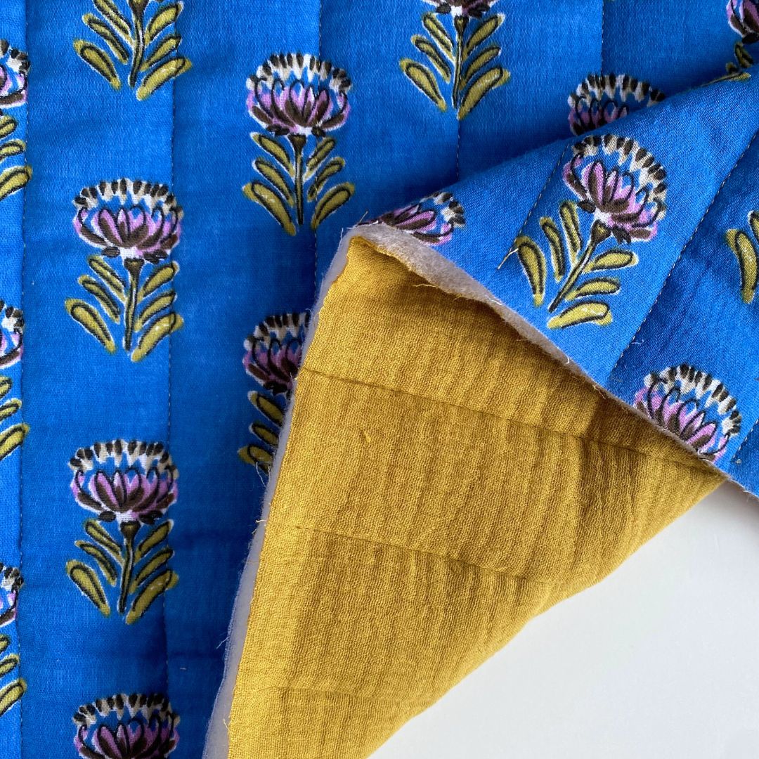 Quilted Reversible Double Gauze Fabric - Blue + Ochre