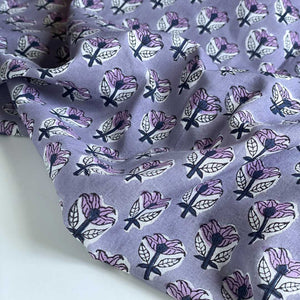 Block Print Cotton Voile Fabric - Purple, Mauve & Indigo - Priced per 0.5 metre