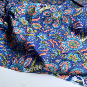 Block Print Cotton Voile Fabric - Royal Blue & Peach - Priced per 0.5 metre