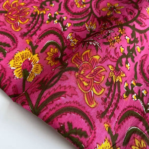 Block Print Cotton Voile Fabric - Pink, Green and Yellow