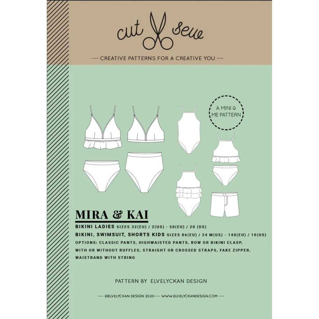 MIRA KAI Bikini Swimsuit and Swim Shorts Sewing Pattern by Cut Sew Children and Adult Sizing
