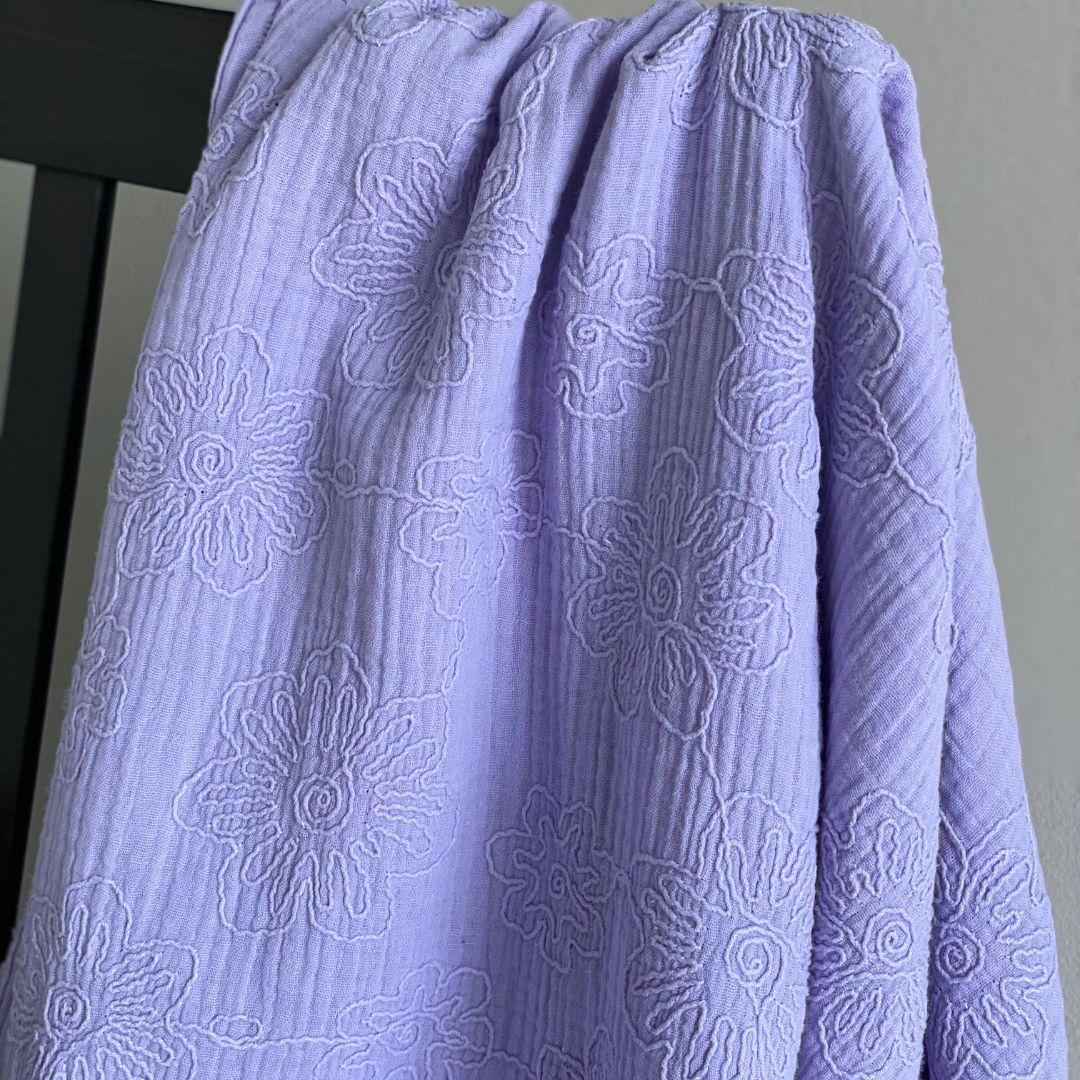 Embroidered Double Gauze Fabric - Flowers - Lilac