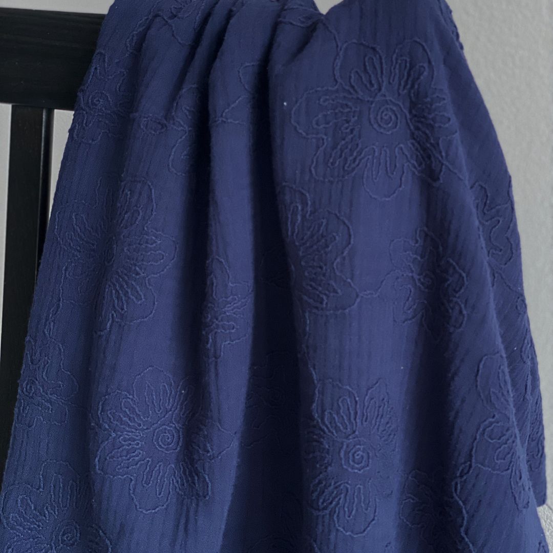 Embroidered Double Gauze Fabric - Flowers - Navy