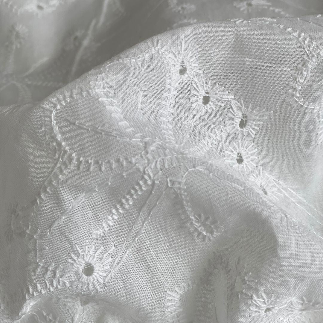 Eyelet Embroidered Cotton Voile Fabric - White