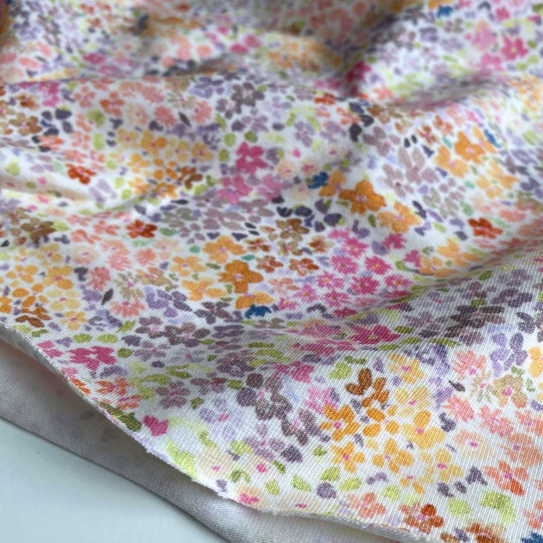 Flower Field Jersey Fabric - Pink, Mauve and Sunflower - Priced per 0.5 metre