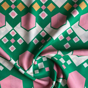 Graphic Shapes Viscose Deadstock Fabric - Grass & Pink - Priced per 0.5 metre