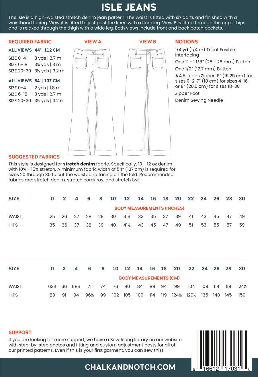 ISLE Jeans Sewing Pattern by Chalk & Notch