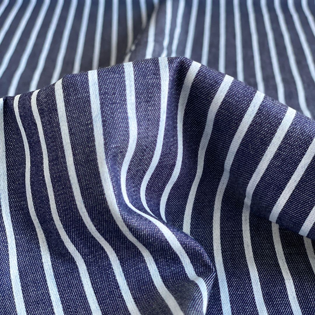 Light Denim Fabric - Navy/White Stripe