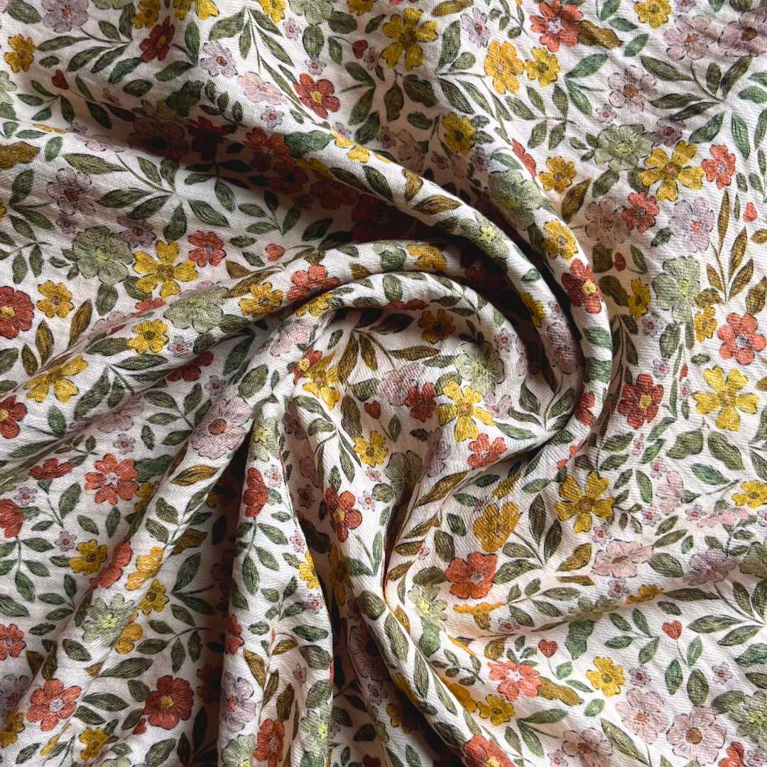 Floral Tapestry Cotton Gauze Fabric - Cream, Yellow and Rust - Priced per 0.5 metre