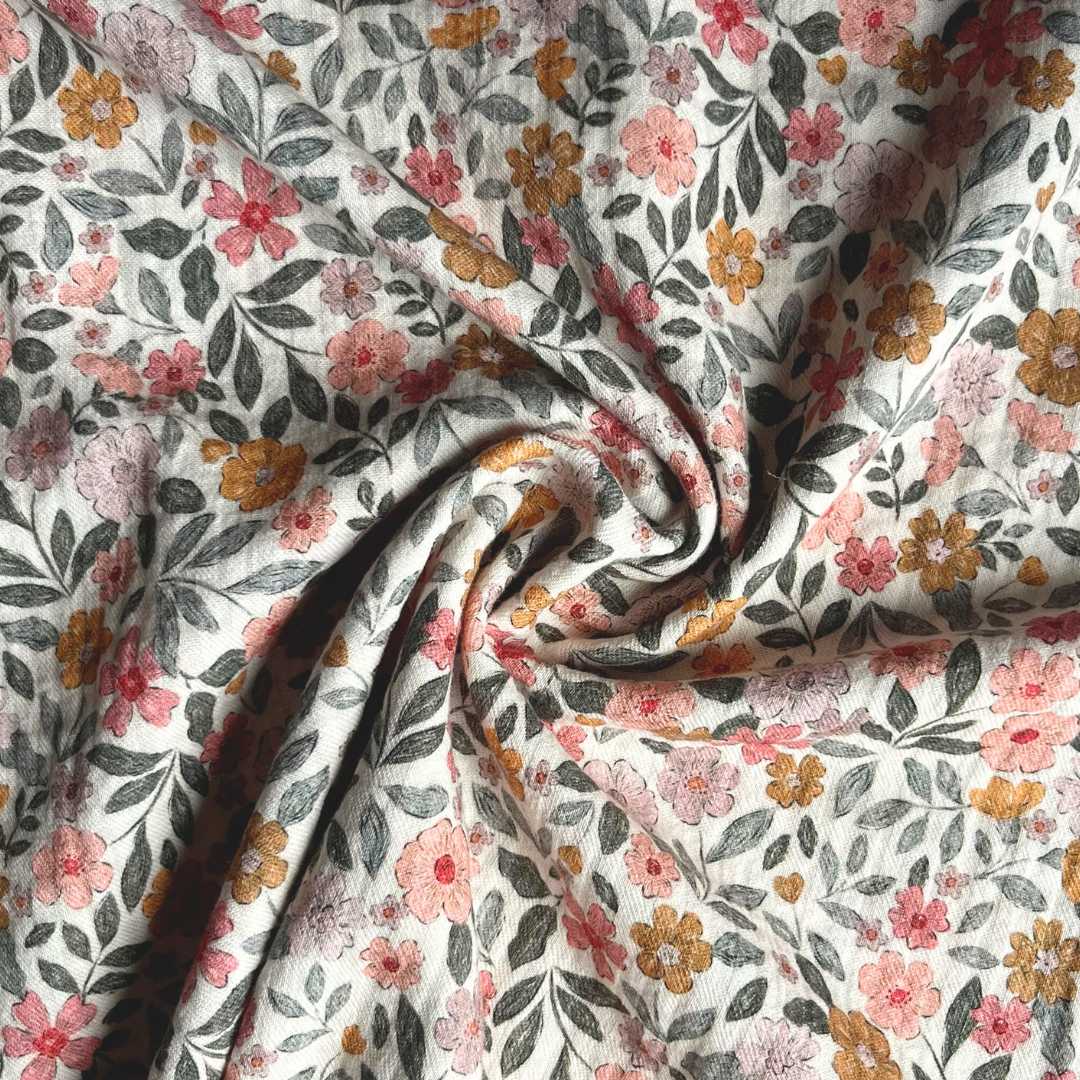 Floral Tapestry Cotton Gauze Fabric - Ivory, Pink and Ochre - Priced per 0.5 metre