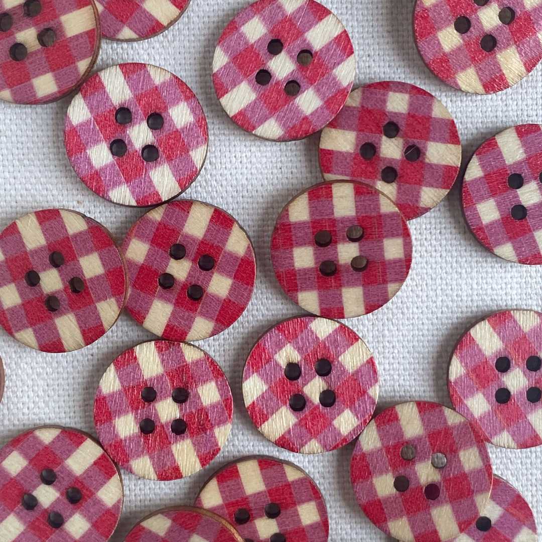 Printed Wooden Button (18mm) - Gingham Fuchsia
