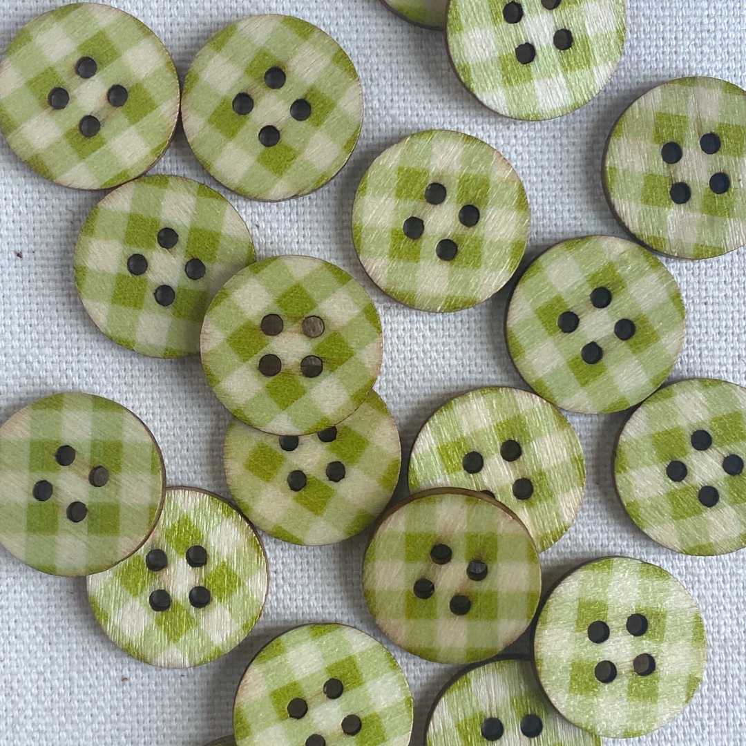 Printed Wooden Button (18mm) - Gingham Kiwi