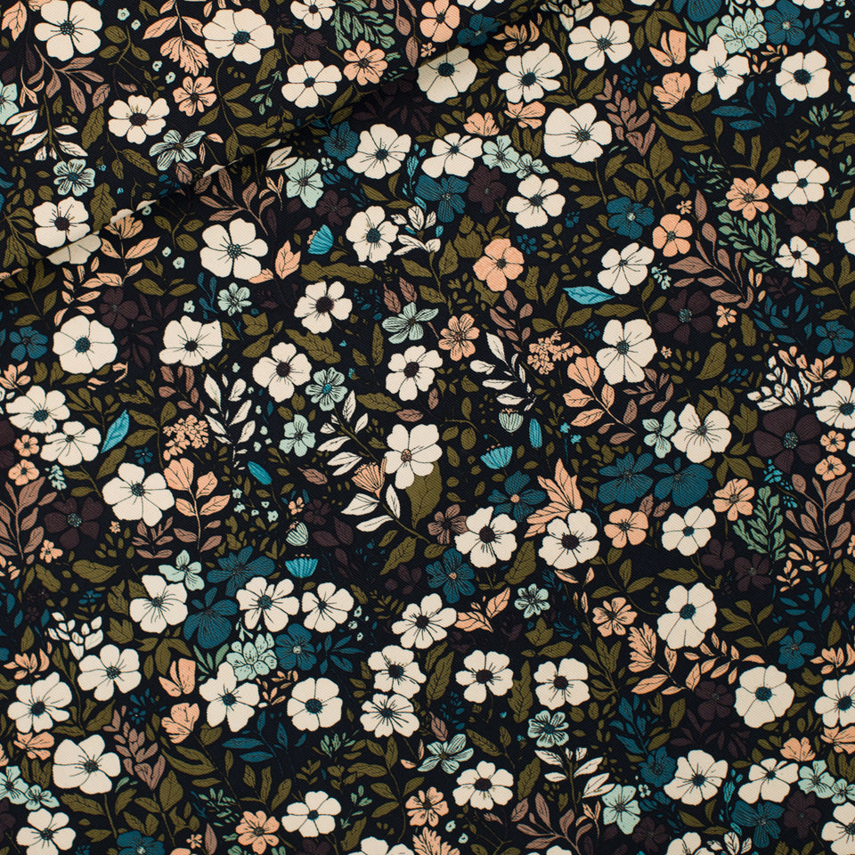 See You At Six - Flower Harvest - Cotton Canvas Gabardine Twill - Black - Priced per 0.5 metre