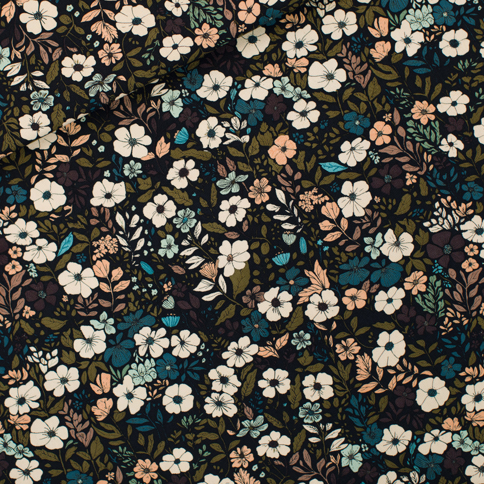 See You At Six - Flower Harvest Cotton Canvas Gabardine Twill Fabric - Black - Priced per 0.5 metre