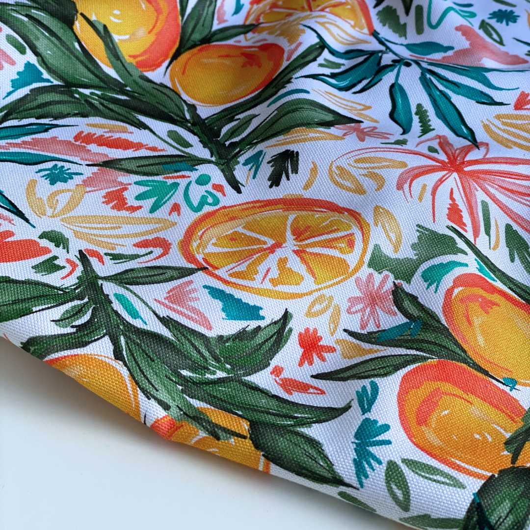 Summer Fruits Canvas Fabric - Bright White - Priced per 0.5 metre