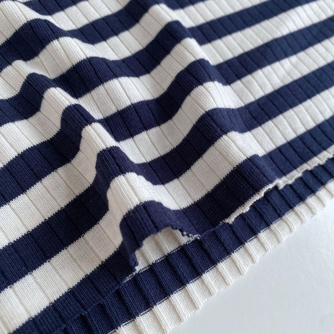 Yarn Dyed Rib Knit Fabric - Navy Stripe - Priced per 0.5 metre