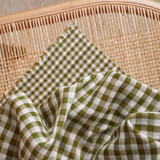 Gingham Off-White Matcha Leaf Gauze Fabric - Atelier Brunette - Price per 0.5 metre