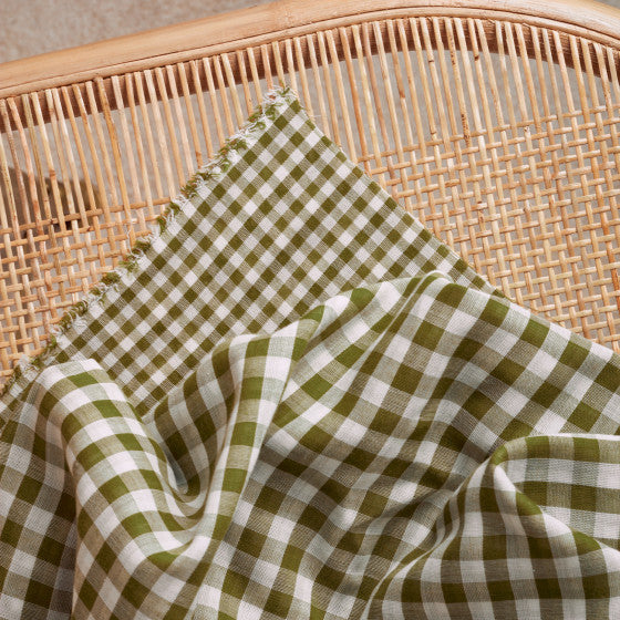 Gingham Off-White Matcha Leaf Gauze Fabric - Atelier Brunette - Priced per 0.5 metre