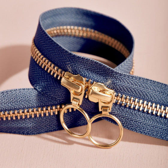 YKK No. 5 Gold Brass Metal Double Slider Zip - 40 cm - Atelier Brunette - COBALT