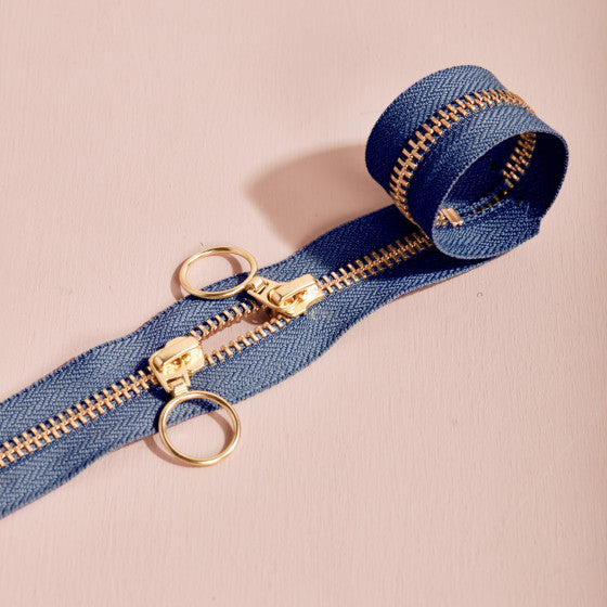 YKK No. 5 Gold Brass Metal Double Slider Zip - 40 cm - Atelier Brunette - COBALT