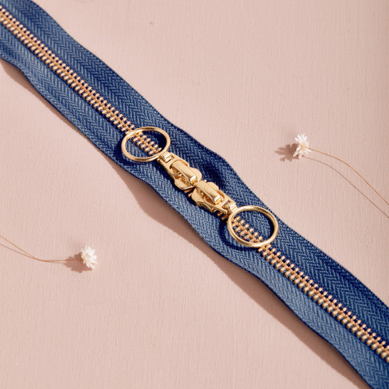 YKK No. 5 Gold Brass Metal Double Slider Zip - 40 cm - Atelier Brunette - COBALT