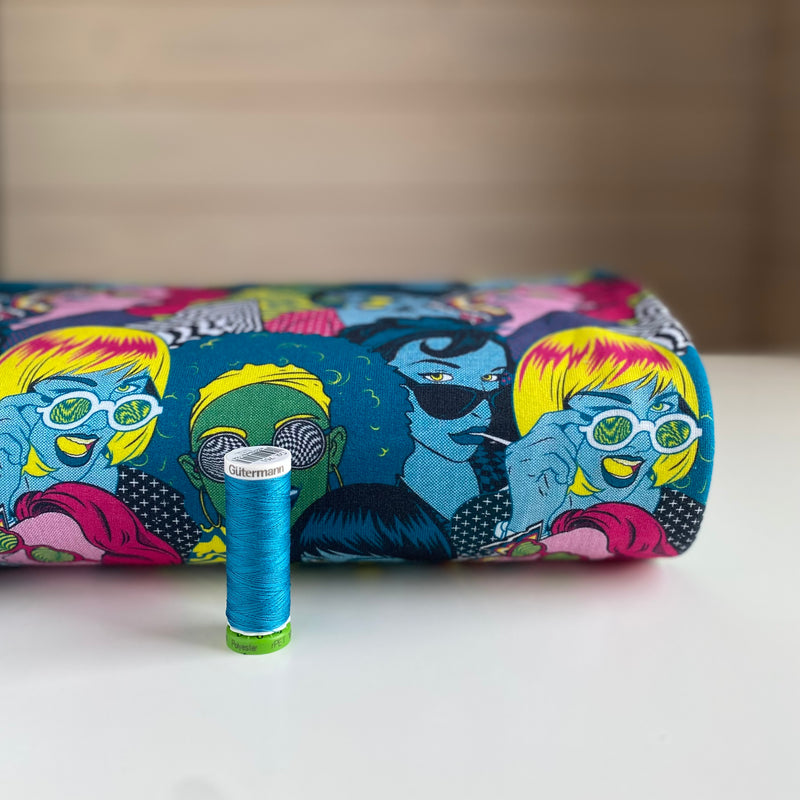 Retro Funk French Terry Knit Fabric - Petrol - Priced per 0.5 metre