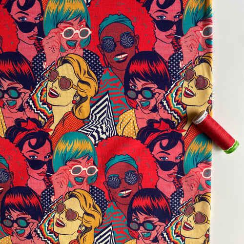 Retro Funk French Terry Knit Fabric - Red - Priced per 0.5 metre