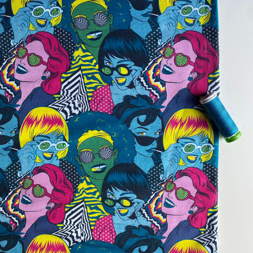 Retro Funk French Terry Knit Fabric - Petrol - Priced per 0.5 metre