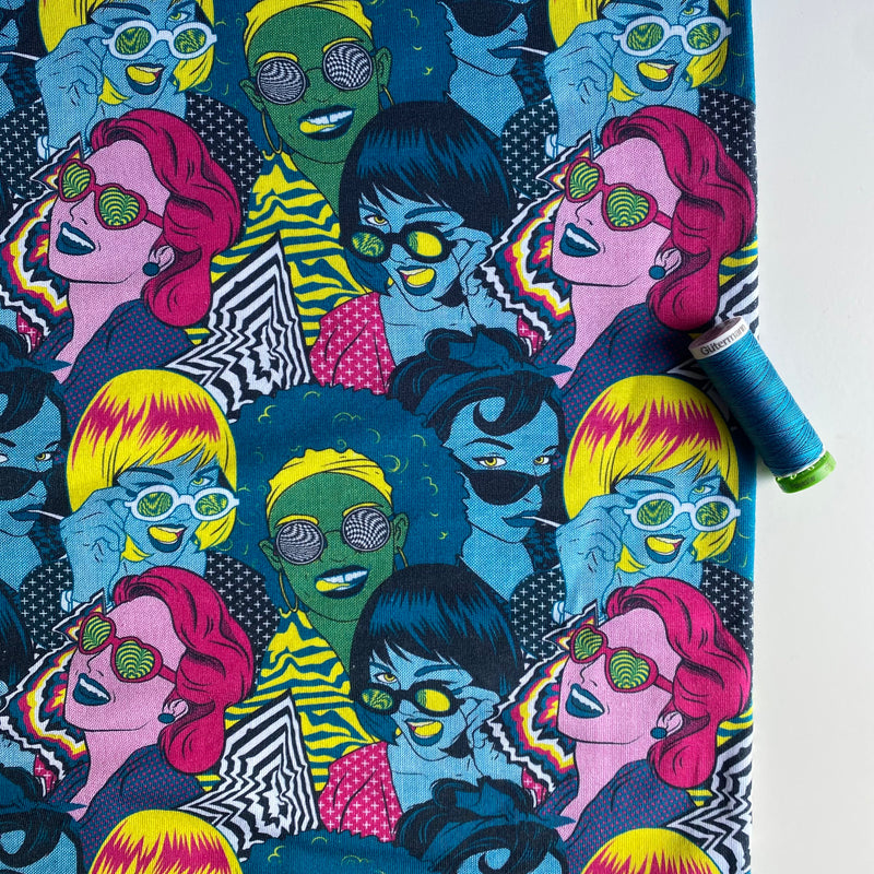 Retro Funk French Terry Knit Fabric - Petrol - Priced per 0.5 metre