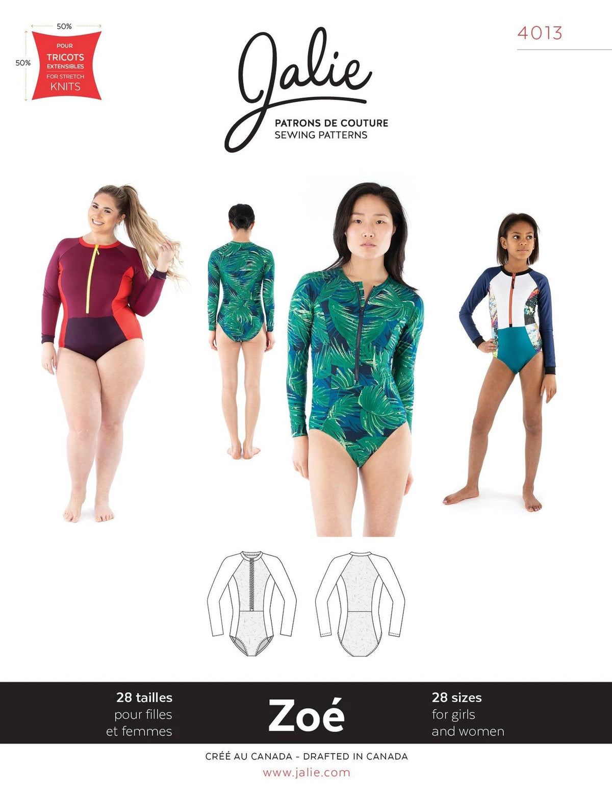 ZOE Long-Sleeve Rashguard Swimsuit by Jalie Patterns - Children and Adult Sizing