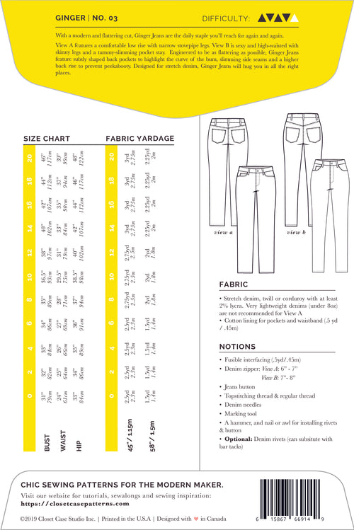 Ginger Skinny Jeans Pattern by Closet Case