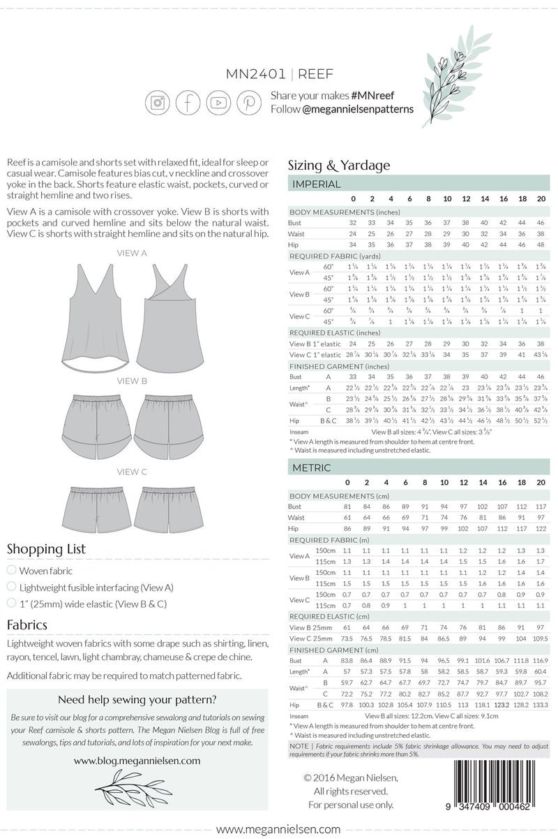Reef Camisole and Shorts Set by Megan Nielsen Patterns