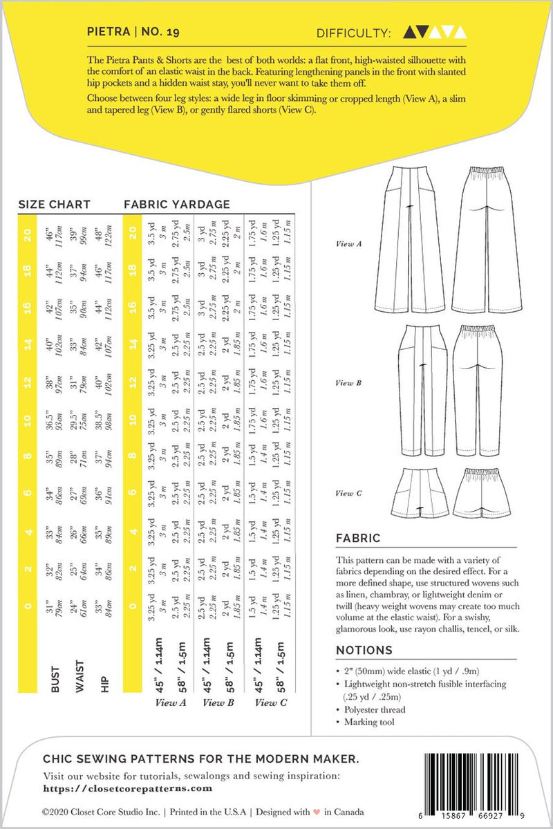 Pietra Trousers and Shorts Pattern by Closet Core