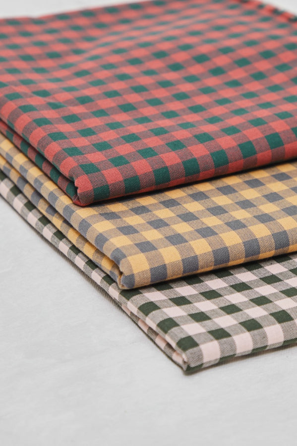 Organic Cotton Oxford Gingham - Bottle Green/Coral Red - Priced per 0.5 metre