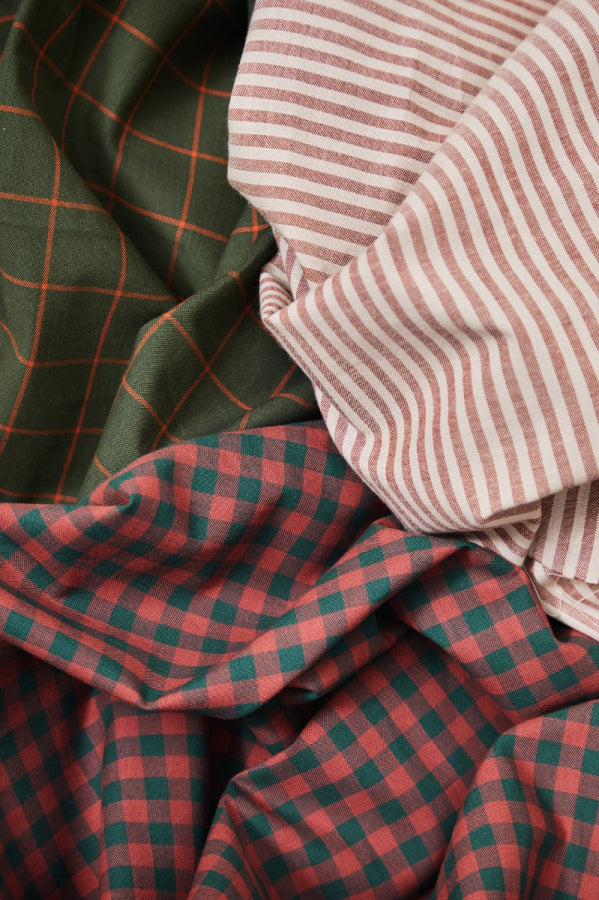 Organic Cotton Oxford Gingham - Bottle Green/Coral Red - Priced per 0.5 metre