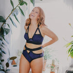 Galina Bra Sewing Kit - Navy Blue Flock Dot + Black