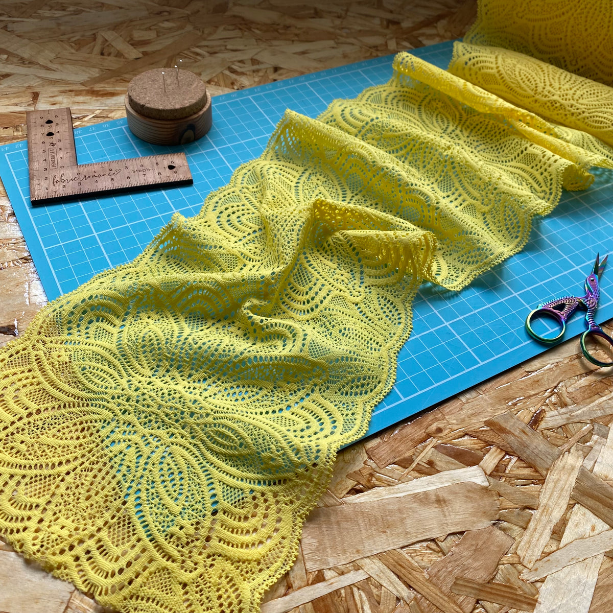 Recycled Stretch Lace with ROICA™ EF - Floral Design, Yellow - 18cm wide