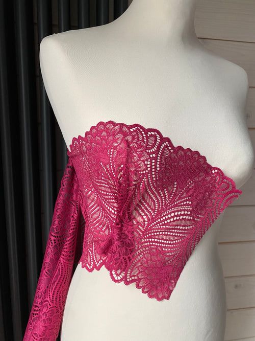 Stretch Lace with ROICA™ EF - Floral Design, Berry - 20cm wide