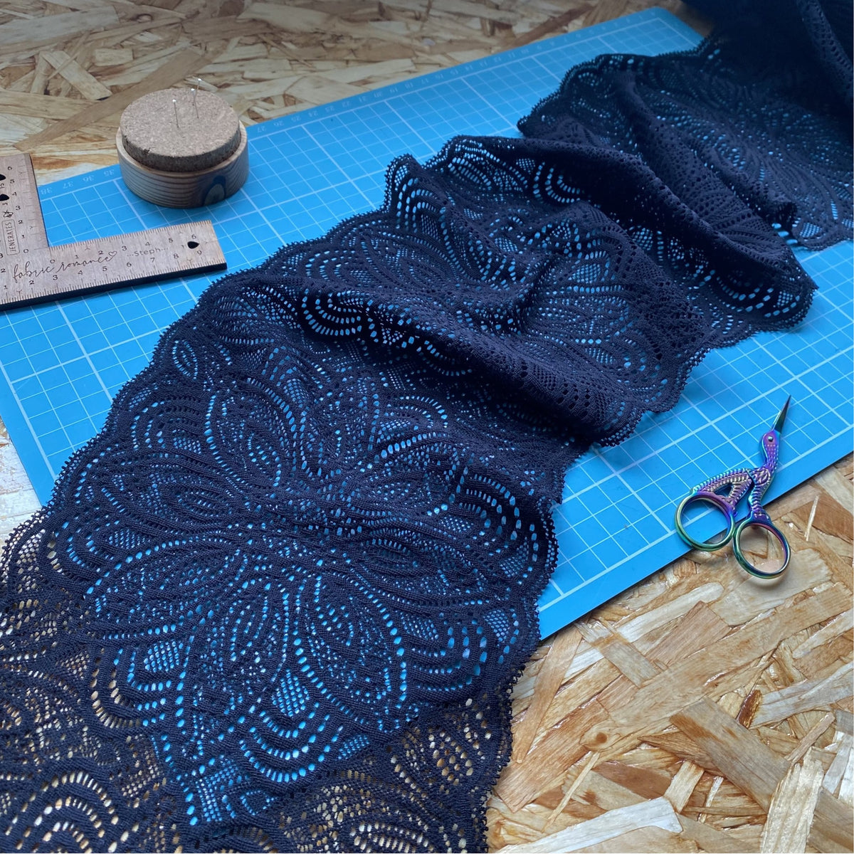 Recycled Stretch Lace with ROICA™ EF - Floral Design, Jet Black - 18cm wide