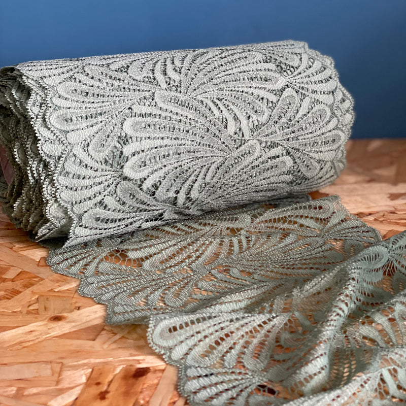 Stretch Lace with ROICA™ EF - Floral Design, Seaspray Green - 19.5cm wide