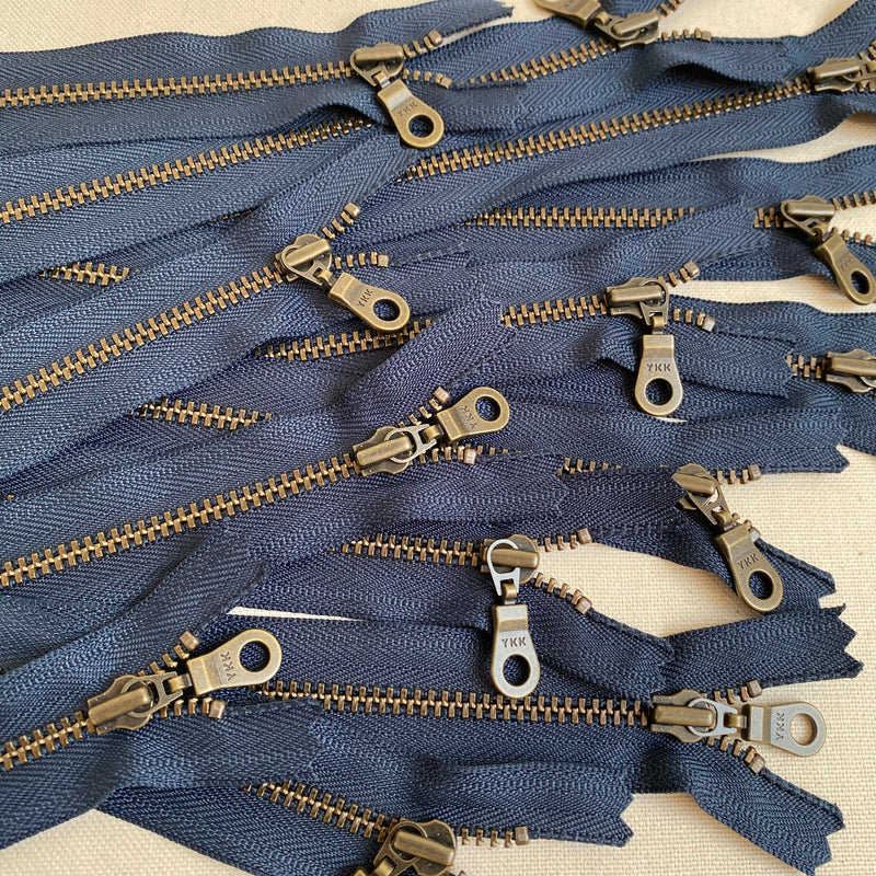**MULTIPACK** YKK No. 3 Antique Brass Metal Zip with NATULON® Recycled Tape - Closed End - ATLANTIC BLUE
