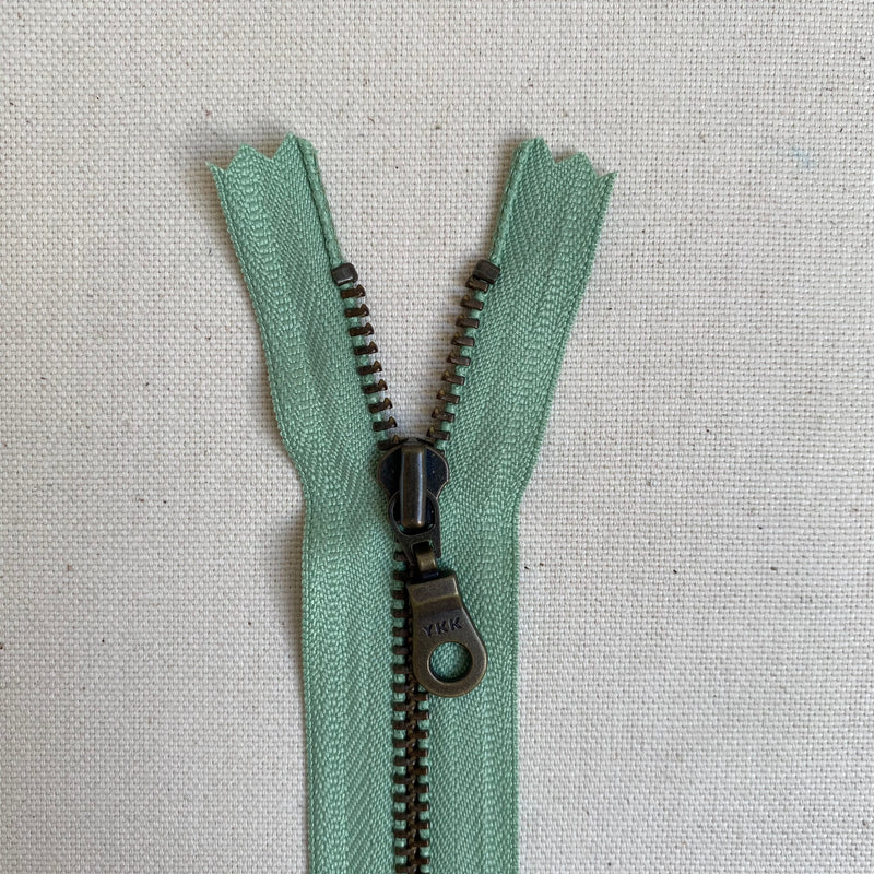 **MULTIPACK** YKK No. 5 Antique Brass Metal Zip with NATULON® Recycled Tape - Closed End - PEPPERMINT GREEN