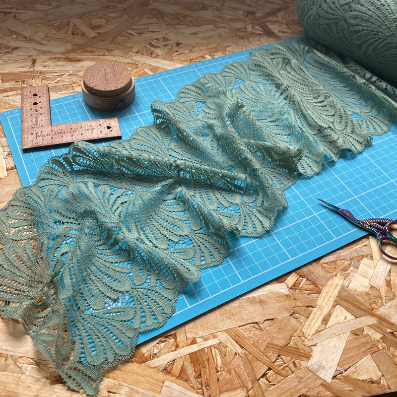 Stretch Lace with ROICA™ EF - Floral Design, Seaspray Green - 19.5cm wide