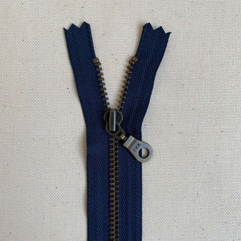 **MULTIPACK** YKK No. 3 Antique Brass Metal Zip with NATULON® Recycled Tape - Closed End - ATLANTIC BLUE