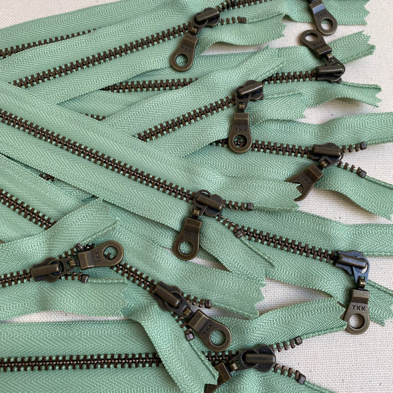 **MULTIPACK** YKK No. 3 Antique Brass Metal Zip with NATULON® Recycled Tape - Closed End - PEPPERMINT GREEN