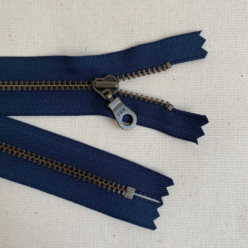 **MULTIPACK** YKK No. 3 Antique Brass Metal Zip with NATULON® Recycled Tape - Closed End - ATLANTIC BLUE